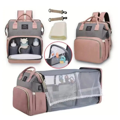 Pink grey baby changing backpack with bottle pockets