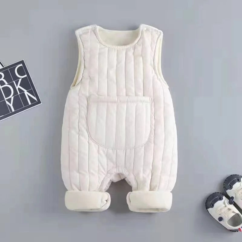 Quilted baby romper front pocket brown beige colours