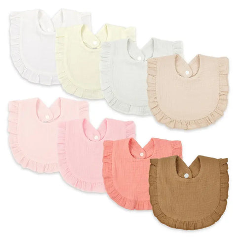 Soft cotton baby dribble bibs with frill edge and snap fastening