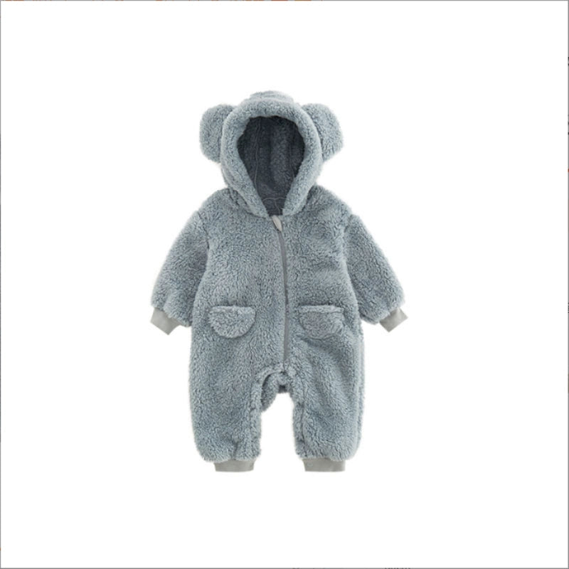 Soft fleece baby pramsuit with hood and long sleeves