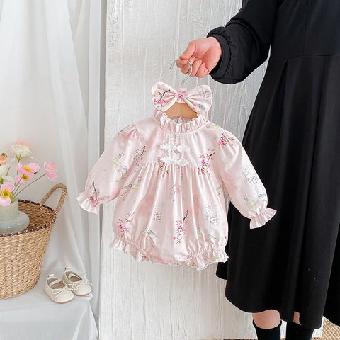 Triangle romper dress with frog button headband set
