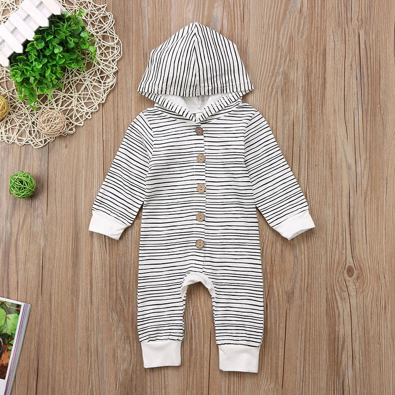 White striped hooded baby romper long sleeve